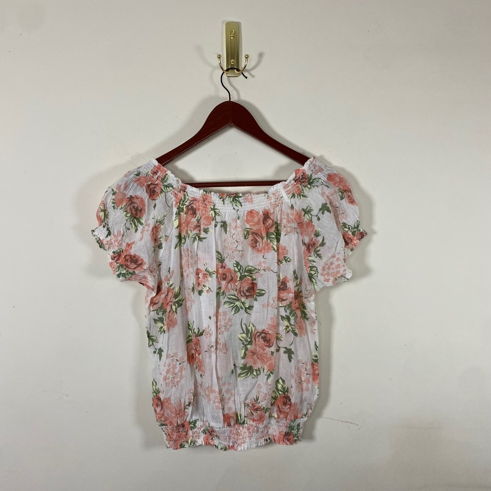 Y2K Floral Rose Print Top Womens Puff Sleeve Tie Smocked Sheer‎ Blouse Coquette - Picture 5 of 7